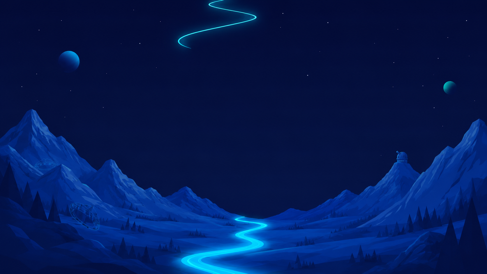 Starlit mountains and glowing pathway