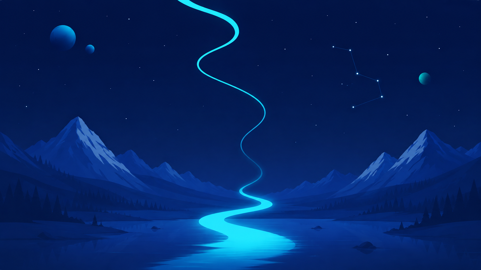 Luminous river through a structured mountain landscape