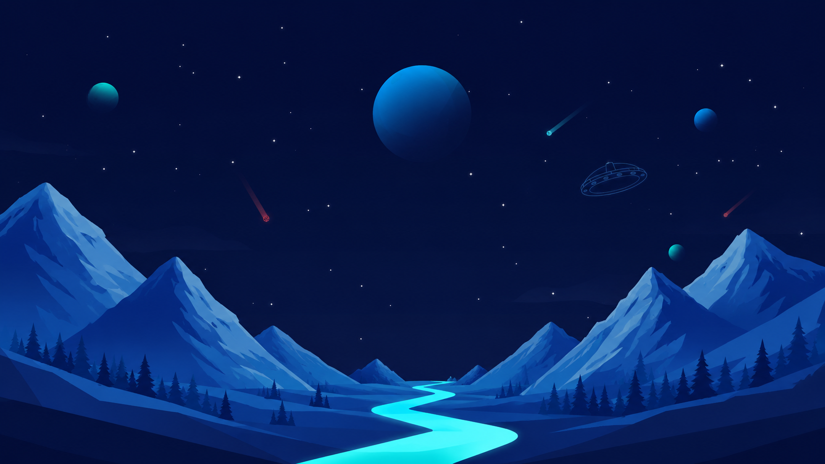Galaxy mountain landscape with planets and a glowing path
