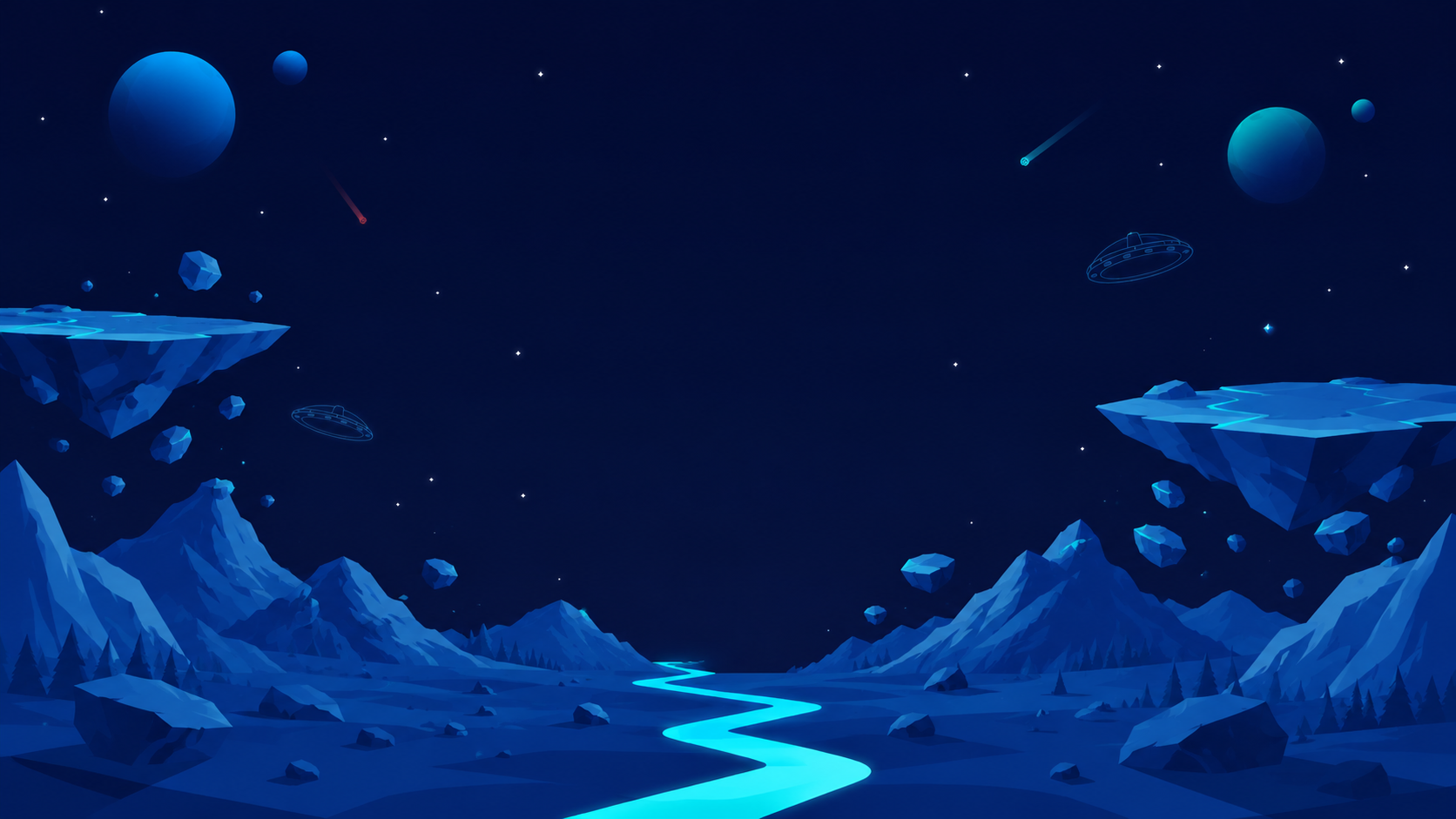 Floating platforms above a luminous pathway